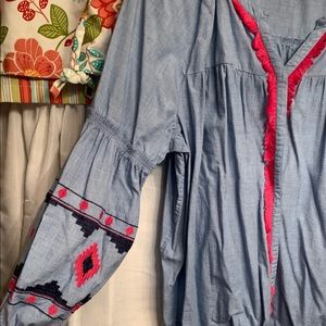 Crown & Ivy Chambray Aztec Embroidered Top